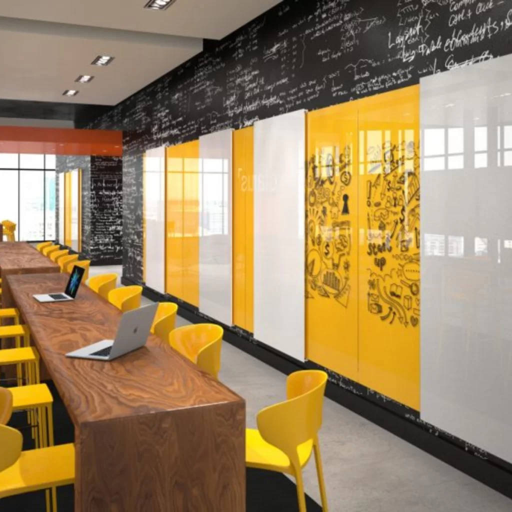 workspace design with collaborative seating and writable walls